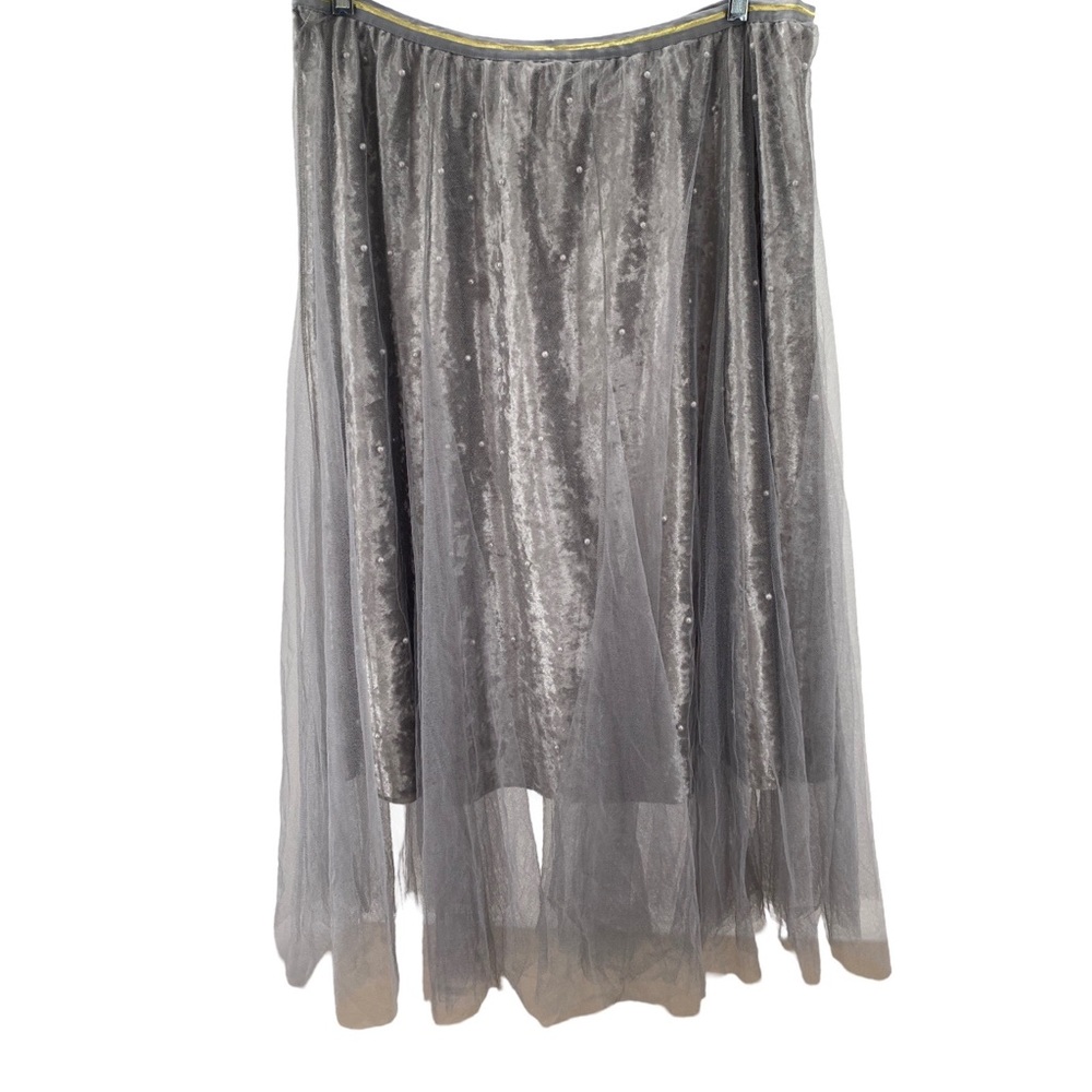 RAGA Anthropologie Skirt Velvet Tulle Overlay Pearl Detail Midi Gray Size 1X NWT